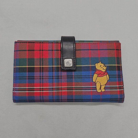 Vintage? Disney Store Winnie The Pooh Trifold Wallet Red Blue Plaid Long Coin - Picture 1 of 14